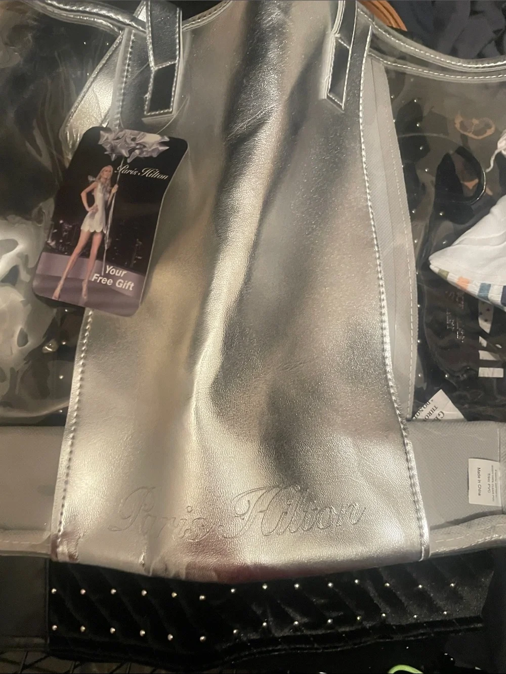Paris Hilton Silver Metallic Tote with Embossed Script